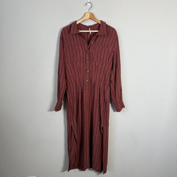 Free People Audrey Stripe Midi Dress Women's Small Red Button Up Collared Boho - Picture 3 of 15